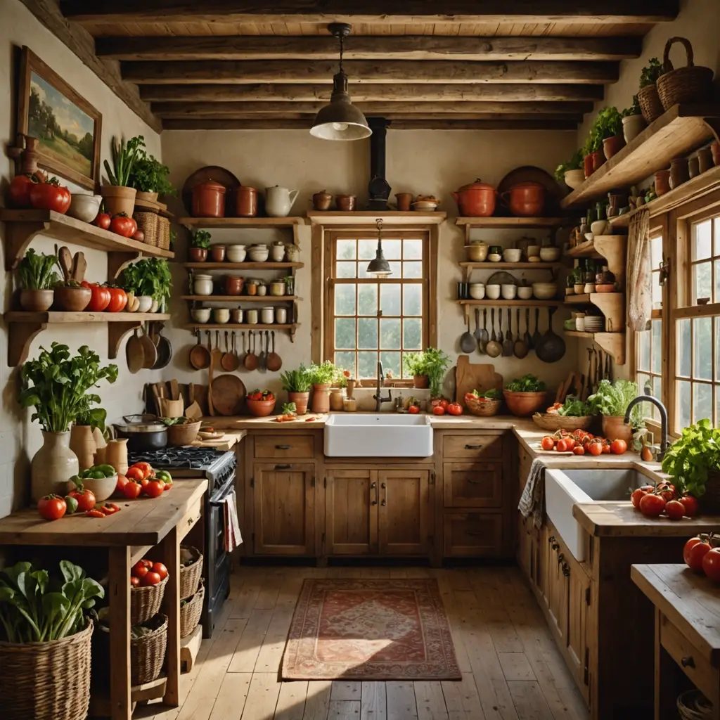 A bright farmhouse kitchen with herbs and jars